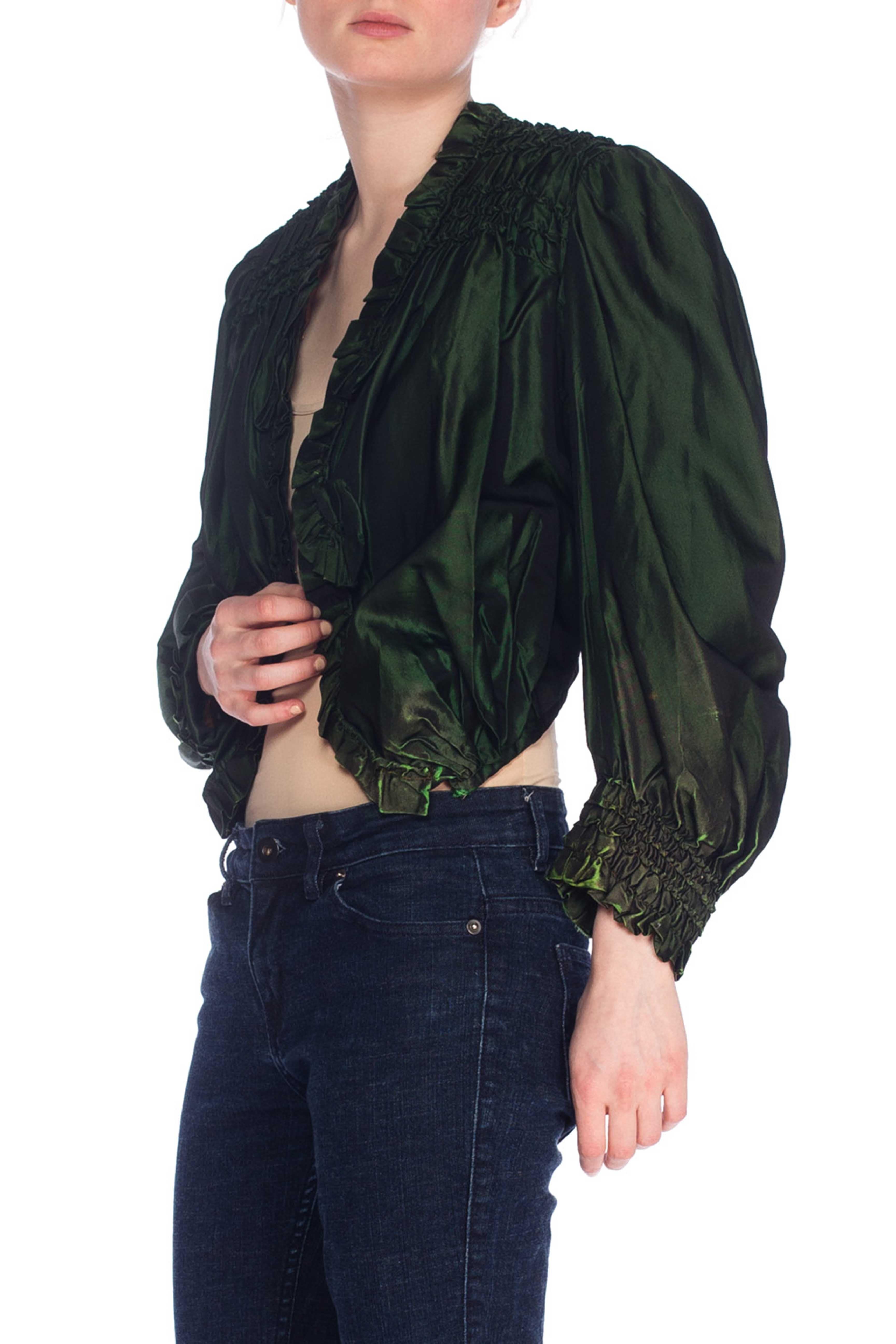 Victorian Arsenic Green Silk Taffeta  Shirred & Ruffled Blouse With Spring Boni For Sale 1