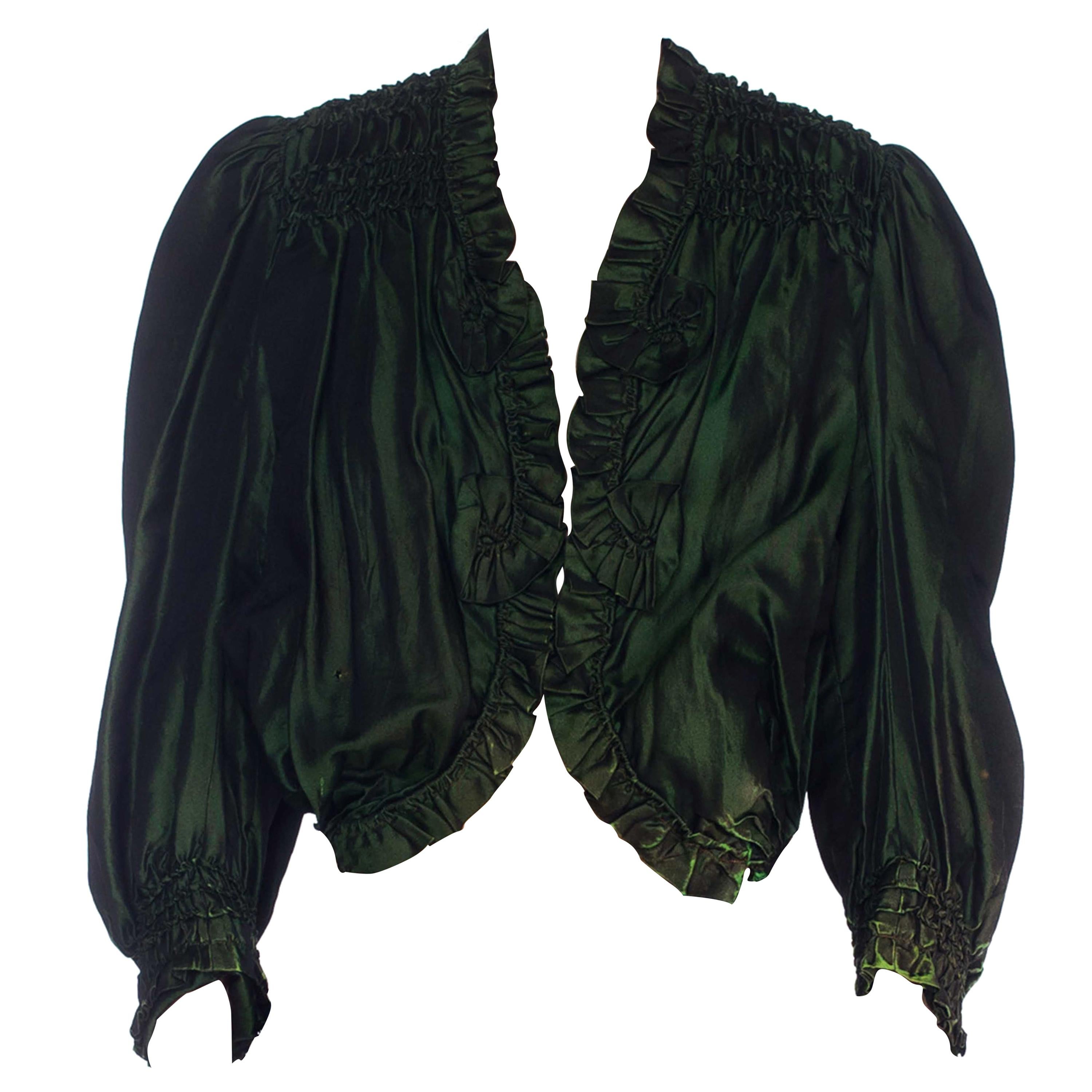 Victorian Arsenic Green Silk Taffeta  Shirred & Ruffled Blouse With Spring Boni For Sale