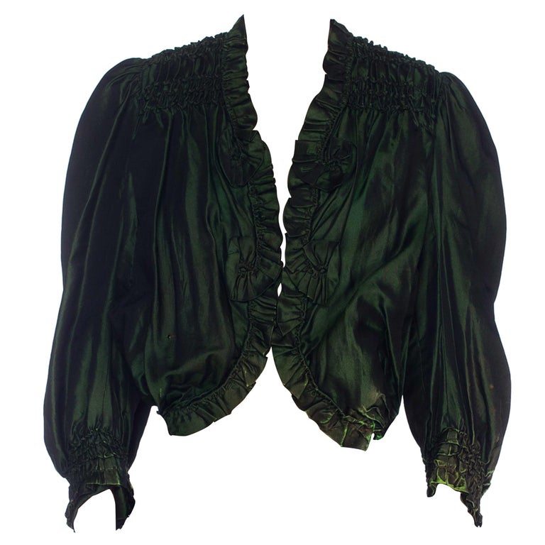 Victorian Arsenic Green Silk Taffeta Shirred and Ruffled Blouse With Spring Boni For Sale at 1stDibs | arsenic green dress Victorian Arsenic Green Silk Taffeta Shirred and Ruffled Blouse With Spring Boni For Sale at 1stDibs | arsenic green dress