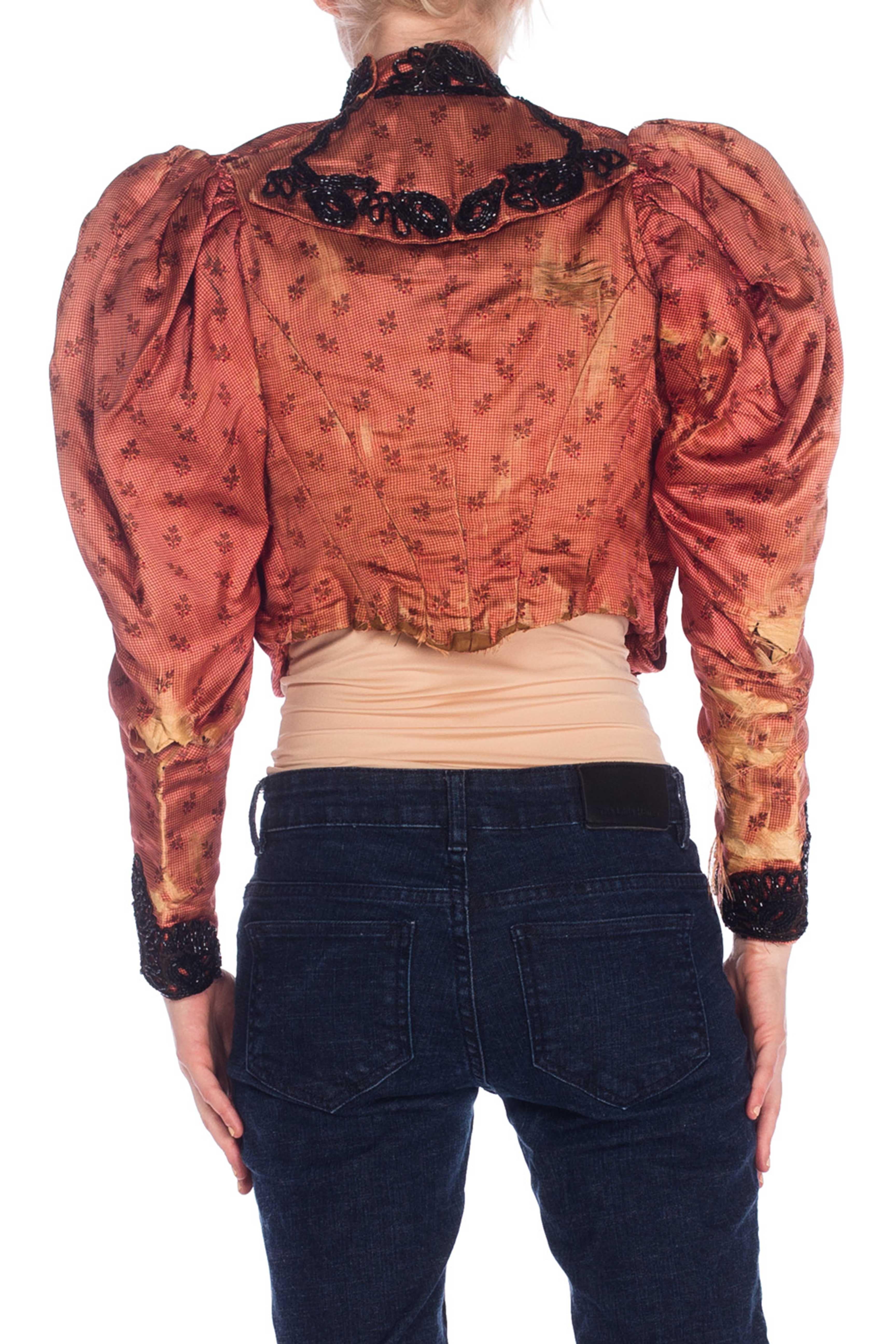 Brown Victorian Brick Red Printed Silk & Cotton Satin 1890S Jacket With Gigot Mutton  For Sale