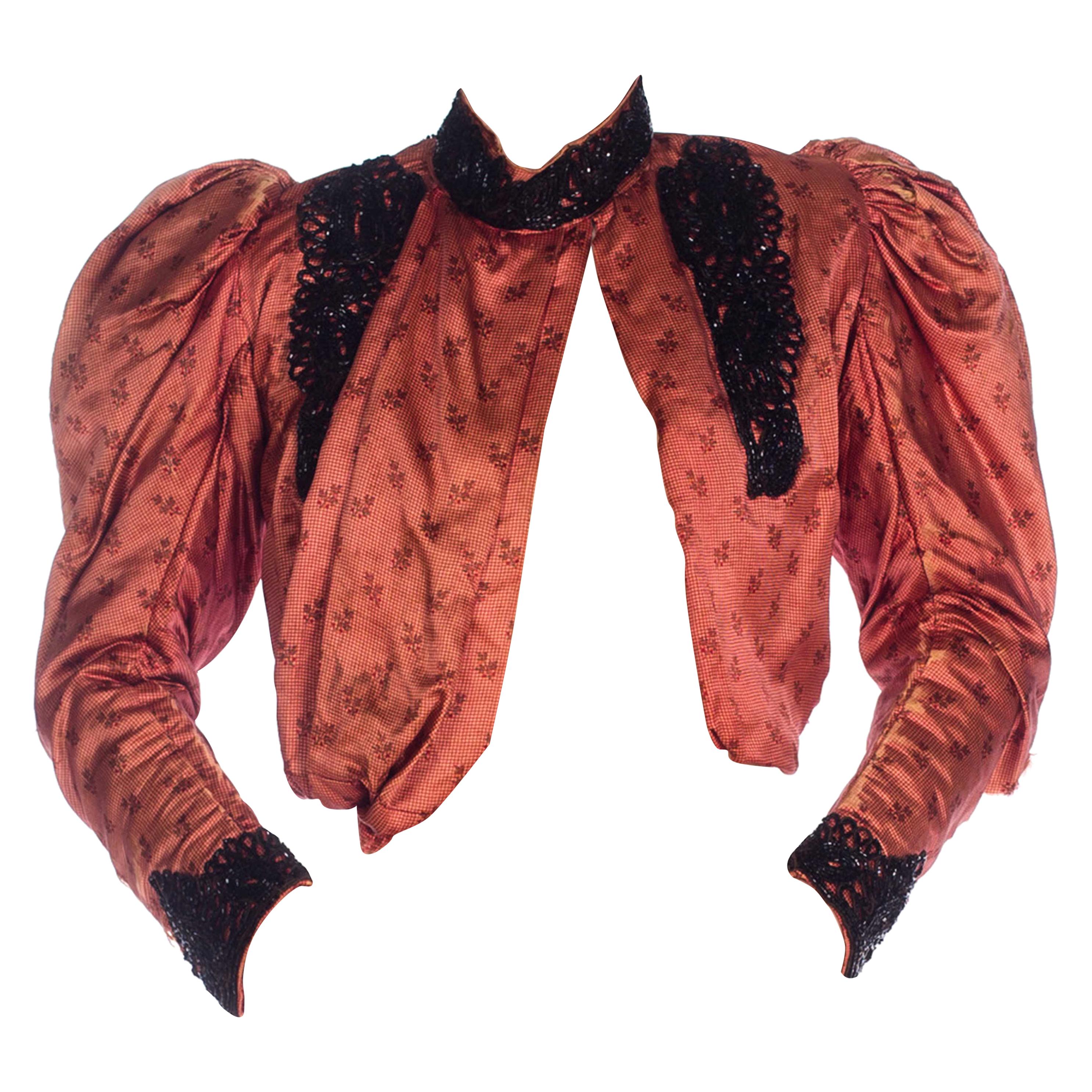 Victorian Brick Red Printed Silk & Cotton Satin 1890S Jacket With Gigot Mutton  For Sale