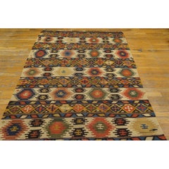 1890s Small Antique Multi Jewel Tone Tribal Geometric Caucasian Kilim Woven Rug
