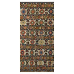 1890s Small Antique Multi Jewel Tone Tribal Geometric Caucasian Kilim Woven Rug