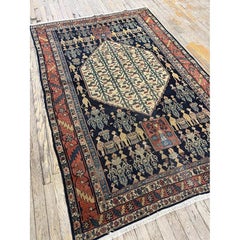 1890s Small Deep Blue Classic Vase Medallion Antique Senneh Knotted Wool Rug