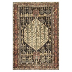 1890s Small Deep Blue Classic Vase Medallion Antique Senneh Knotted Wool Rug