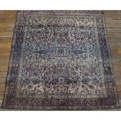 1890s Small Gray & Purple Floral Geometric Antique Silk Kashan Knotted Wool Rug