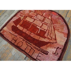 1890s Small Red Folk Art Antique American Hooked Rug Inscribed Word "Home" Rug