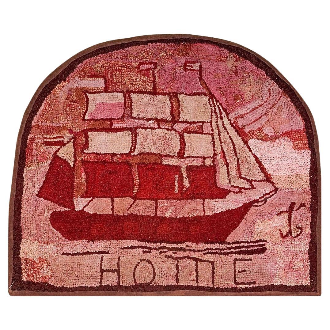 1890s Small Red Folk Art Antique American Hooked Rug Inscribed Word "Home" Rug