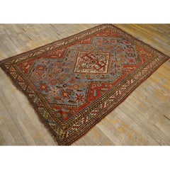 1890s Small Sky Blue Antique Tribal Diamond Medallion Ghashgaie Khamse Wool Rug