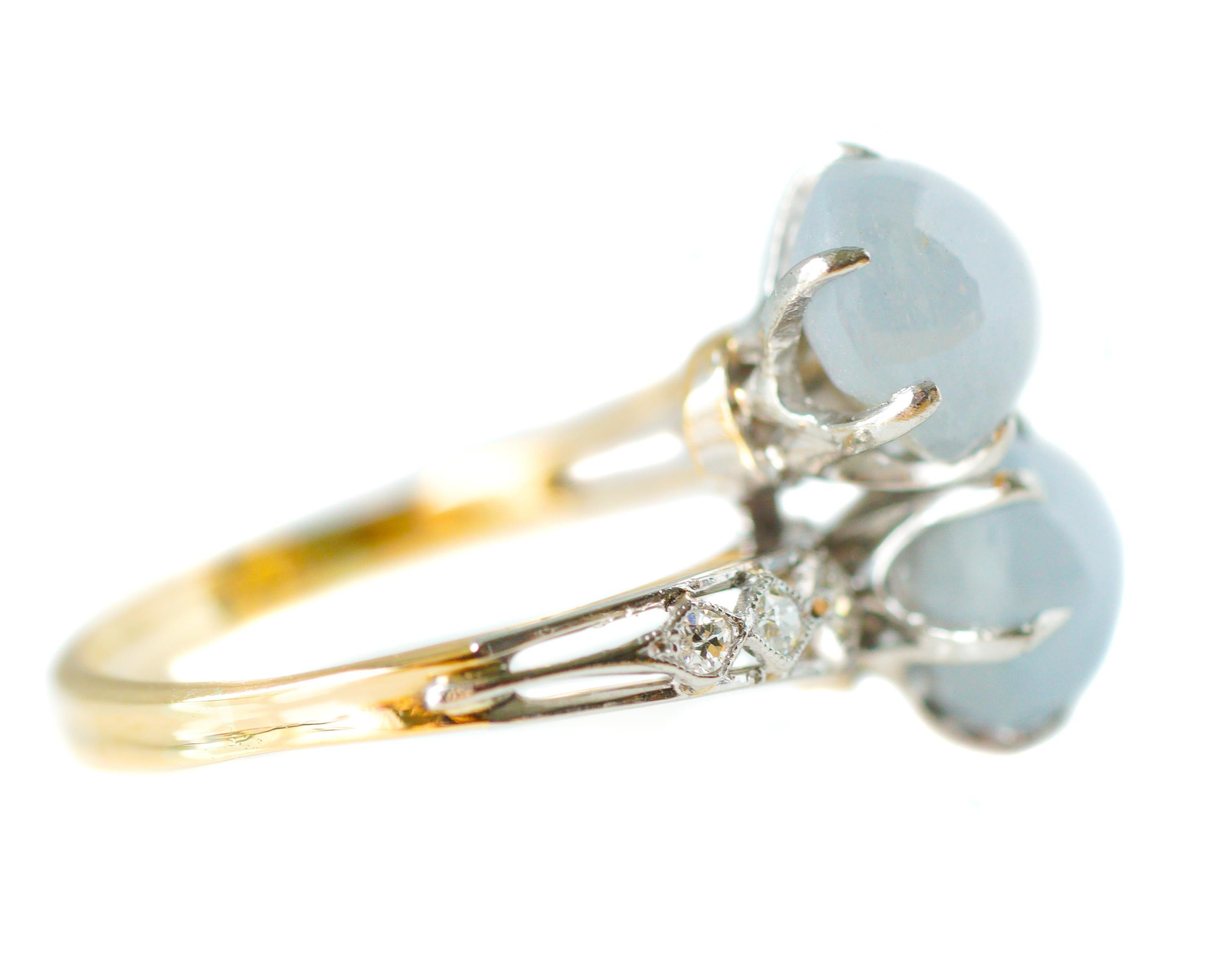 Victorian 1890s Star Sapphire and Diamond 'Toi et Moi' Bypass 14 Karat White Gold Ring