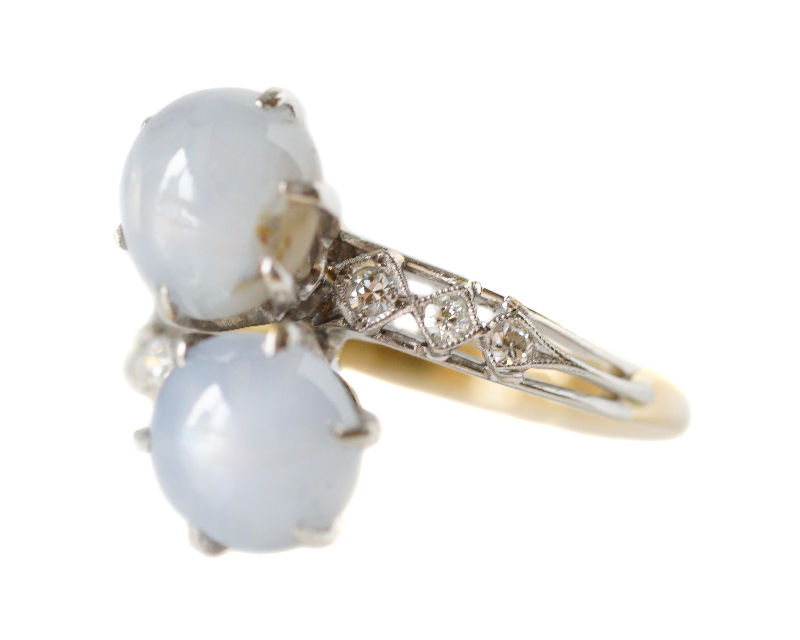 Women's 1890s Star Sapphire and Diamond 'Toi et Moi' Bypass 14 Karat White Gold Ring