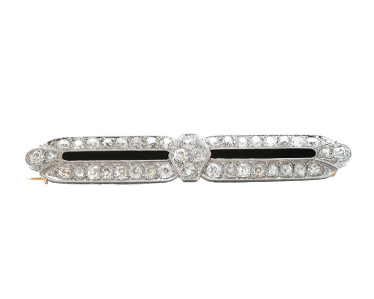 Old Mine Cut Tiffany & Co. 4 Carat Total Diamond and Onyx Platinum Bar Pin Brooch For Sale