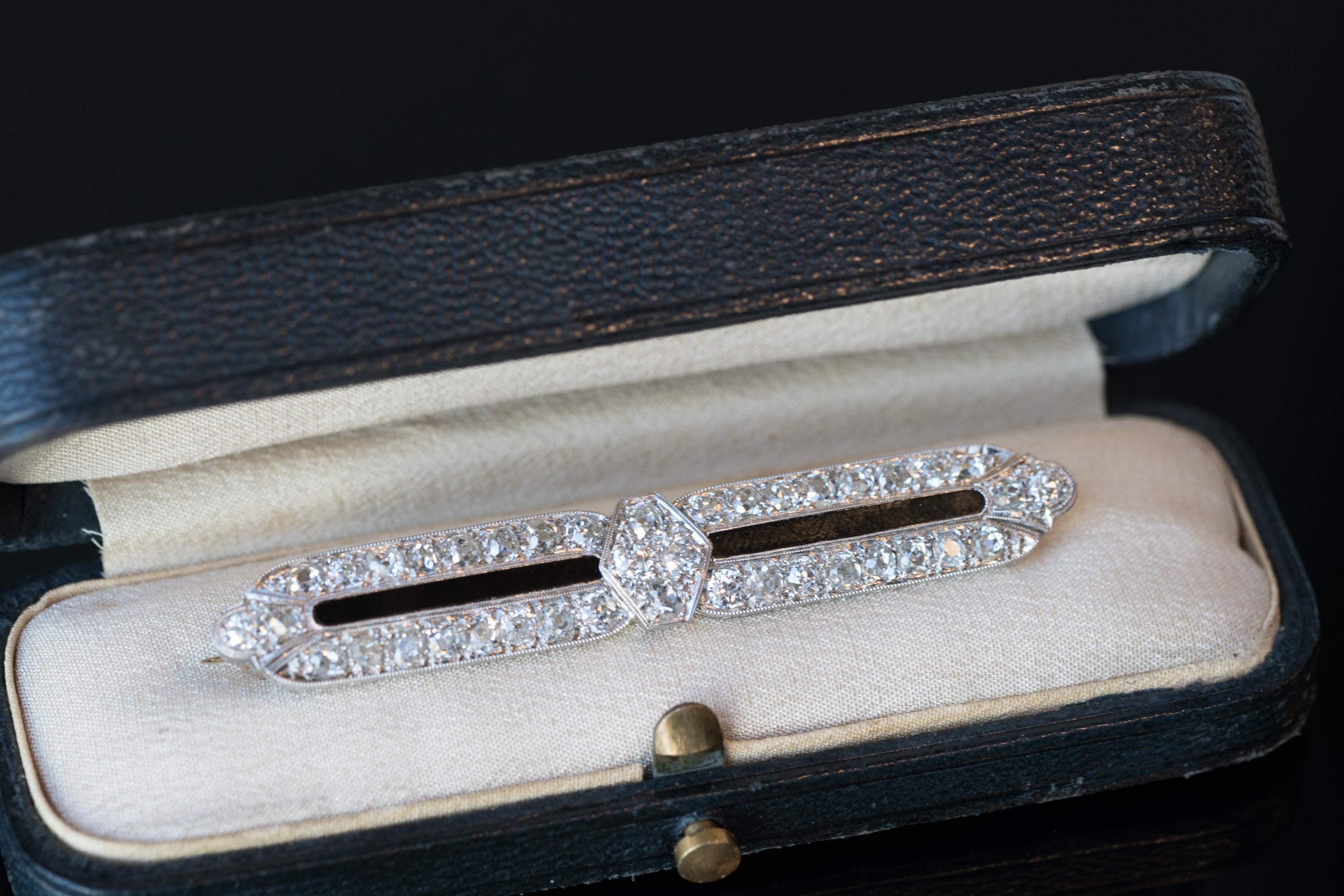 Old Mine Cut Tiffany & Co. 4 Carat Total Diamond and Onyx Platinum Bar Pin Brooch