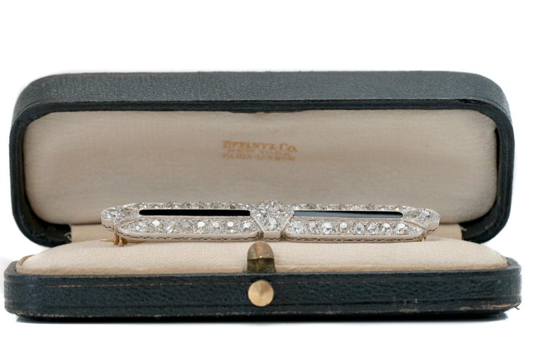 Tiffany & Co. 4 Carat Total Diamond and Onyx Platinum Bar Pin Brooch For Sale 3