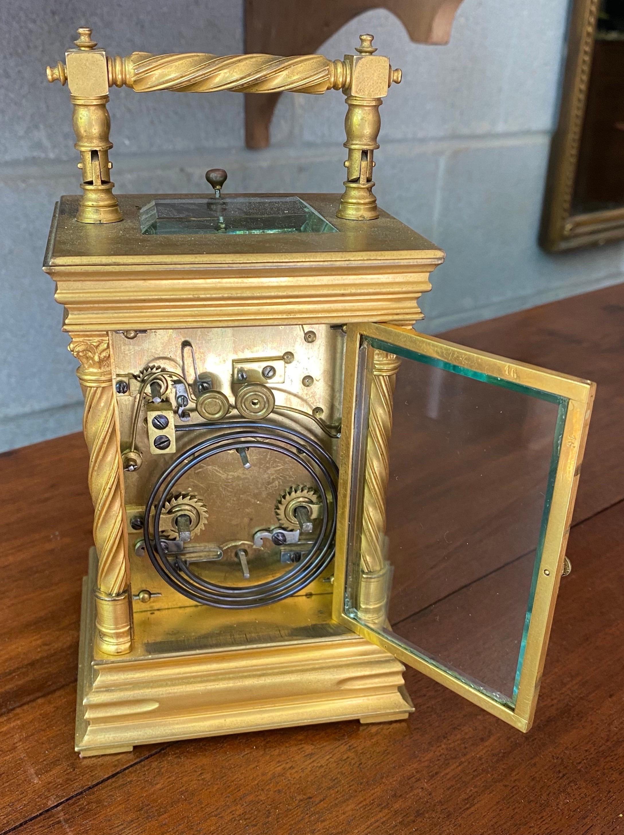 French 1890s Tiffany Gilt Brass Carriage Alarm Clock