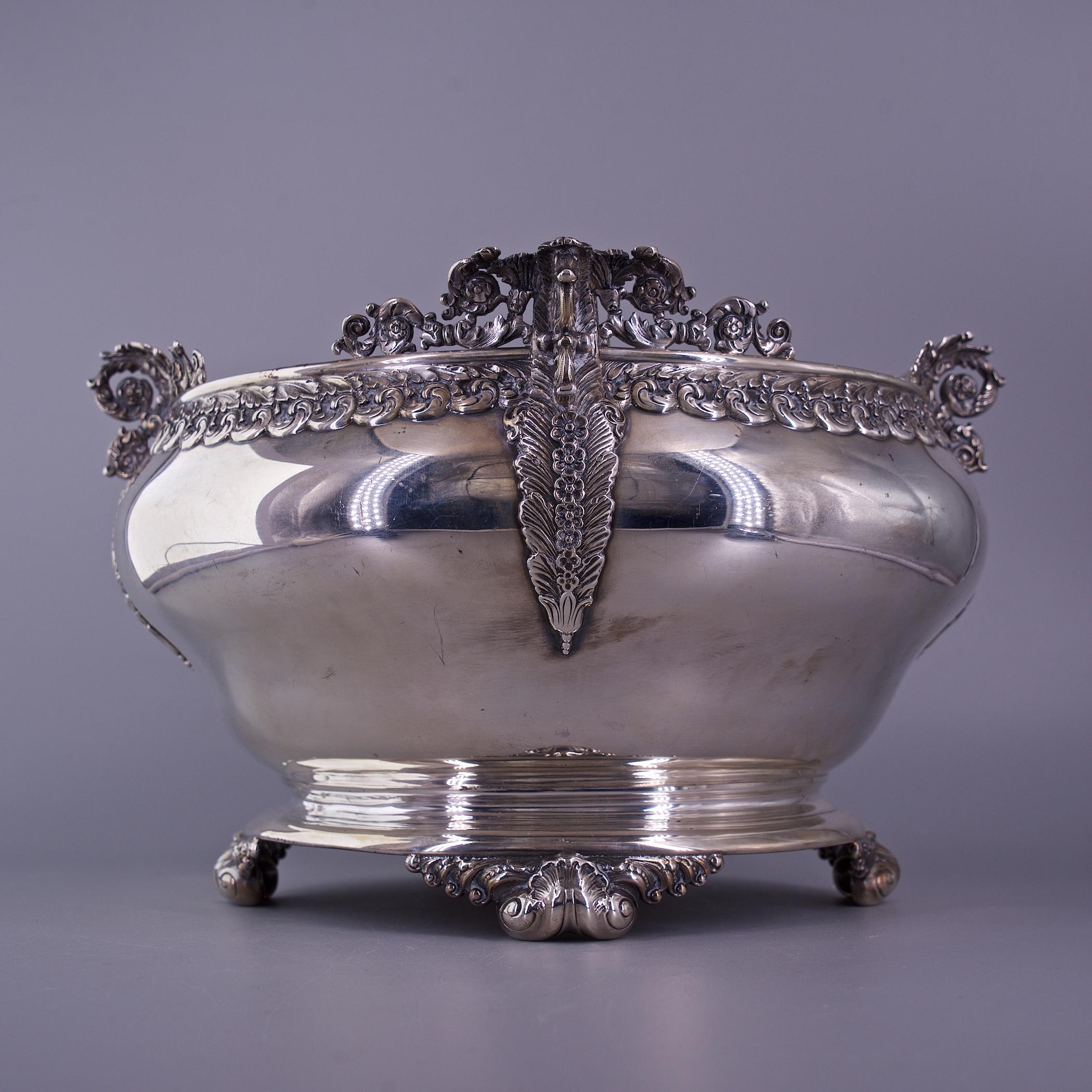 Impressive 19th C. Tiffany and Co sterling silver quad-footed fruit bowl with feather or leaf handles. Stamped with the 