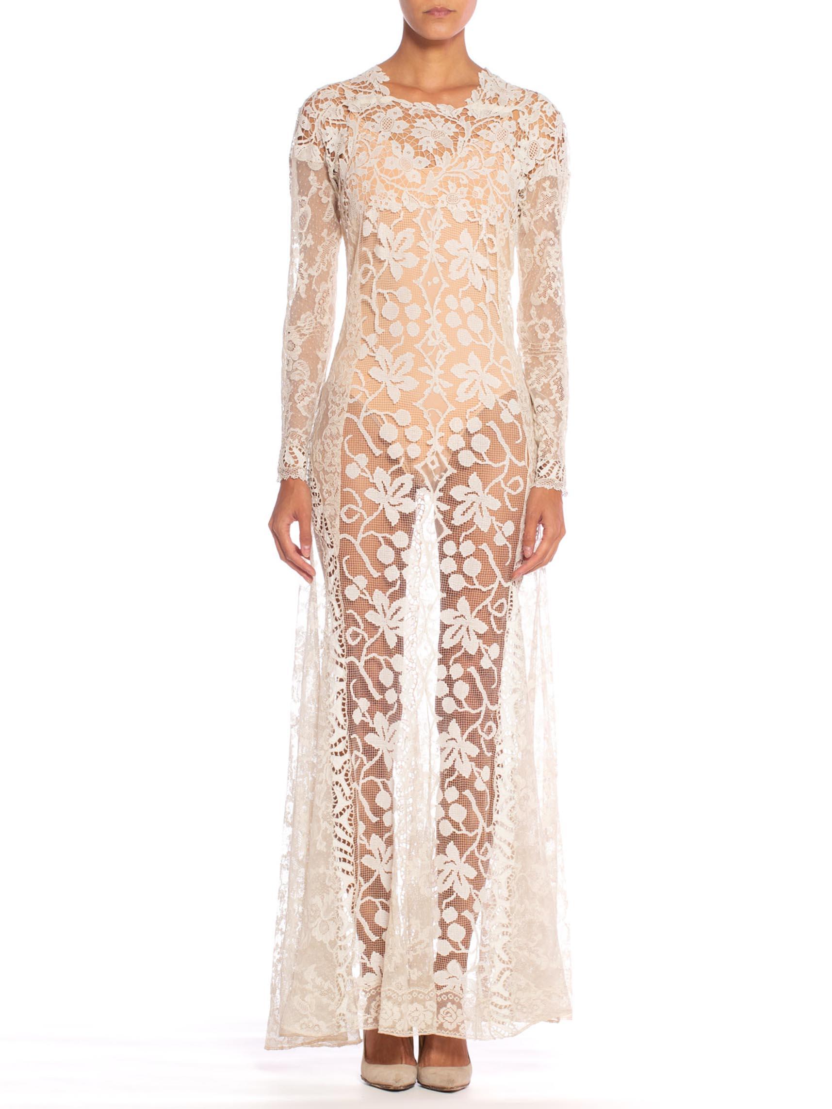 1930S Off White Vintage Bridal Gown Made From Heirloom Victorian Cotton & Silk Lace