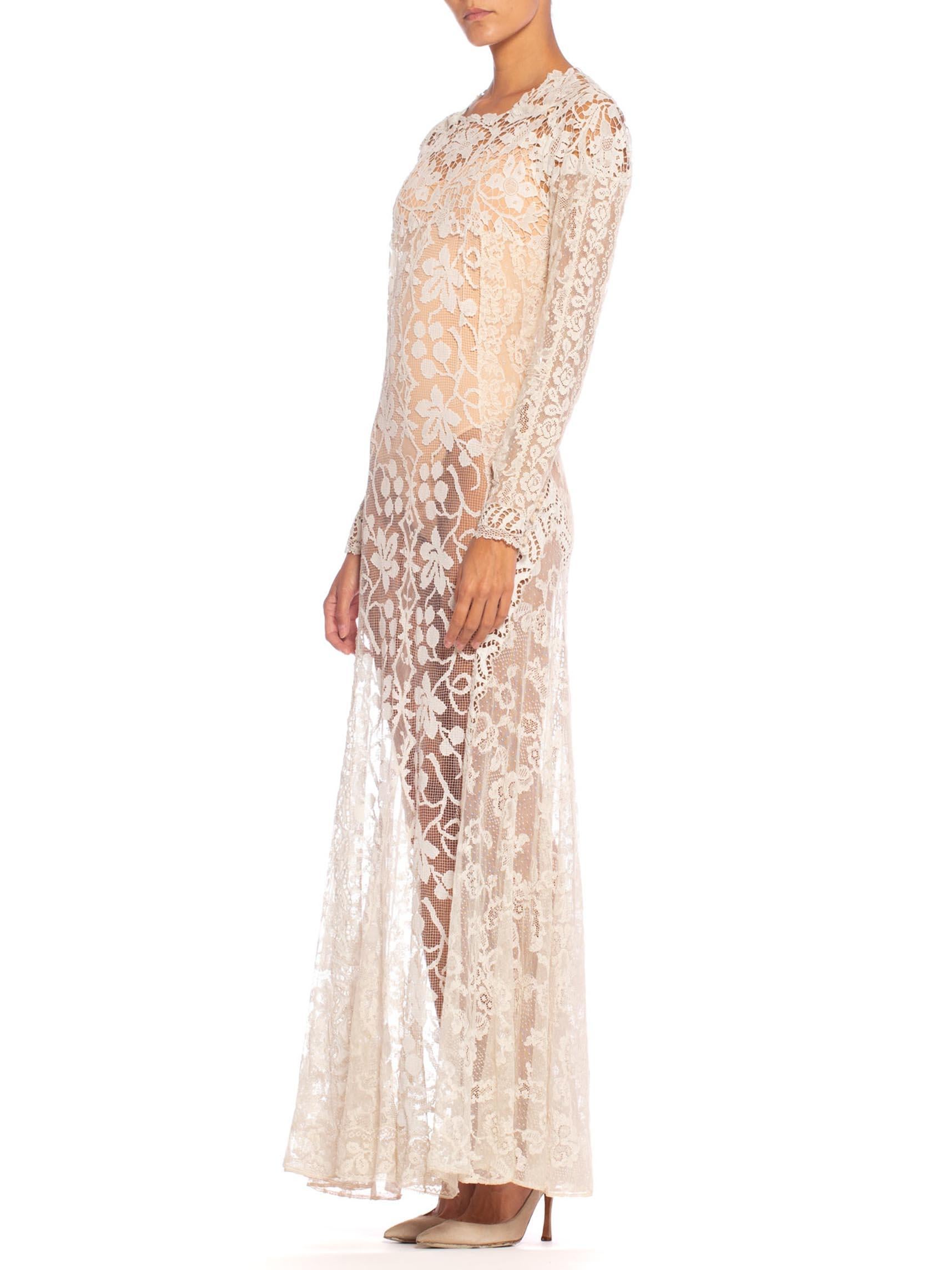 1930S Off White Vintage Bridal Gown Made From Heirloom Victorian Cotton & Silk In Excellent Condition In New York, NY