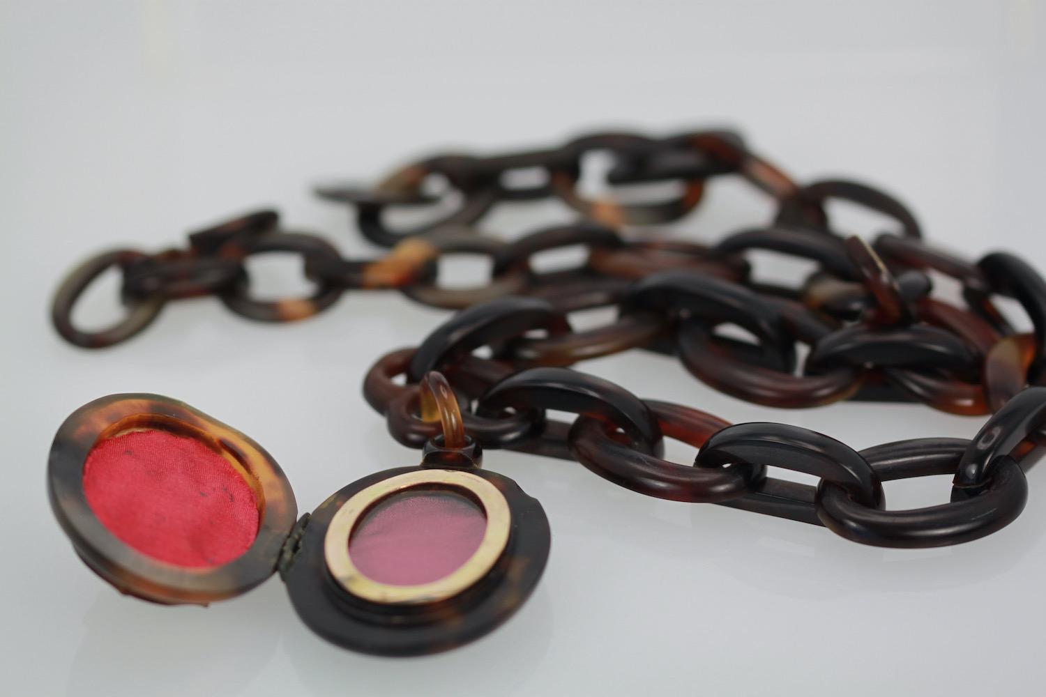 Aesthetic Movement 1890's Tortoise Shell Locket with Tortoise link Chain