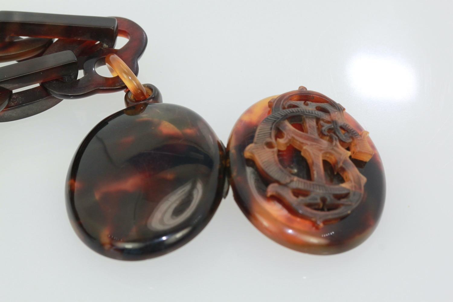 Women's or Men's 1890's Tortoise Shell Locket with Tortoise link Chain