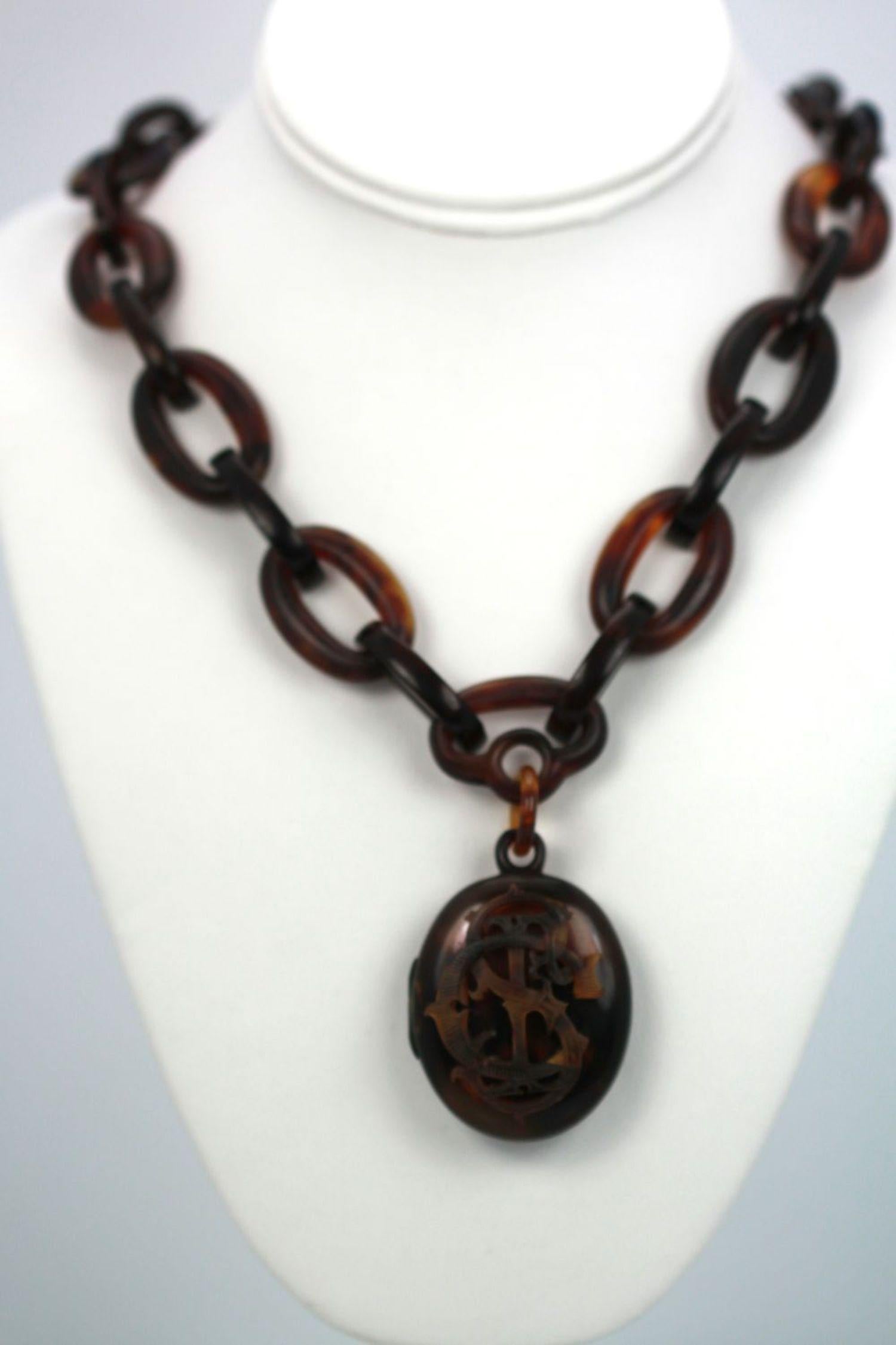 1890's Tortoise Shell Locket with Tortoise link Chain 2