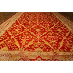 1890s Traditional Red Diamond Knotted Wool Antique Oushak Turkish Decorative Rug (Tapis décoratif turc)