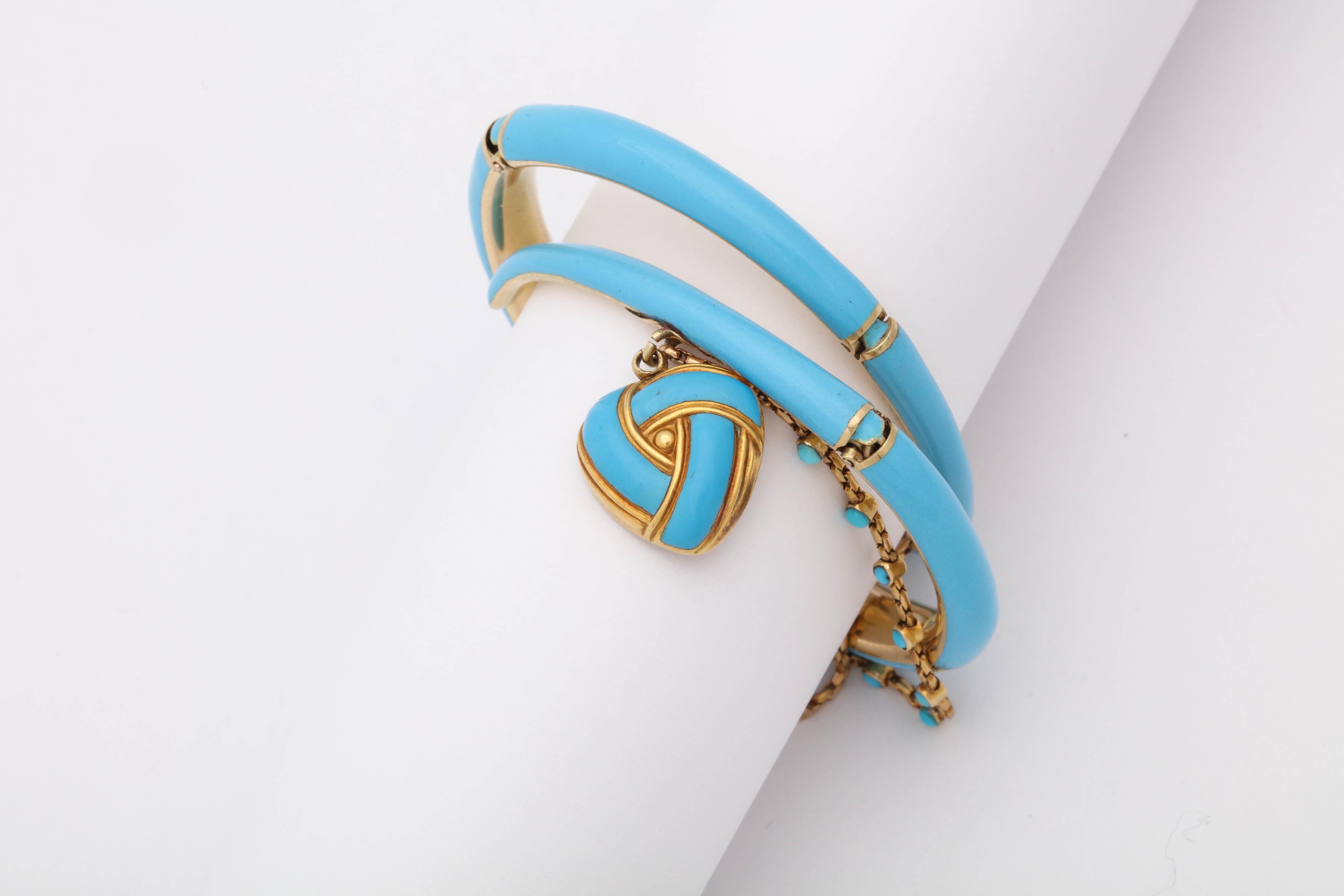 1890s Turquoise Enamel with Pearl and Turquoise Gold Wrap Around Bangle Bracelet 2