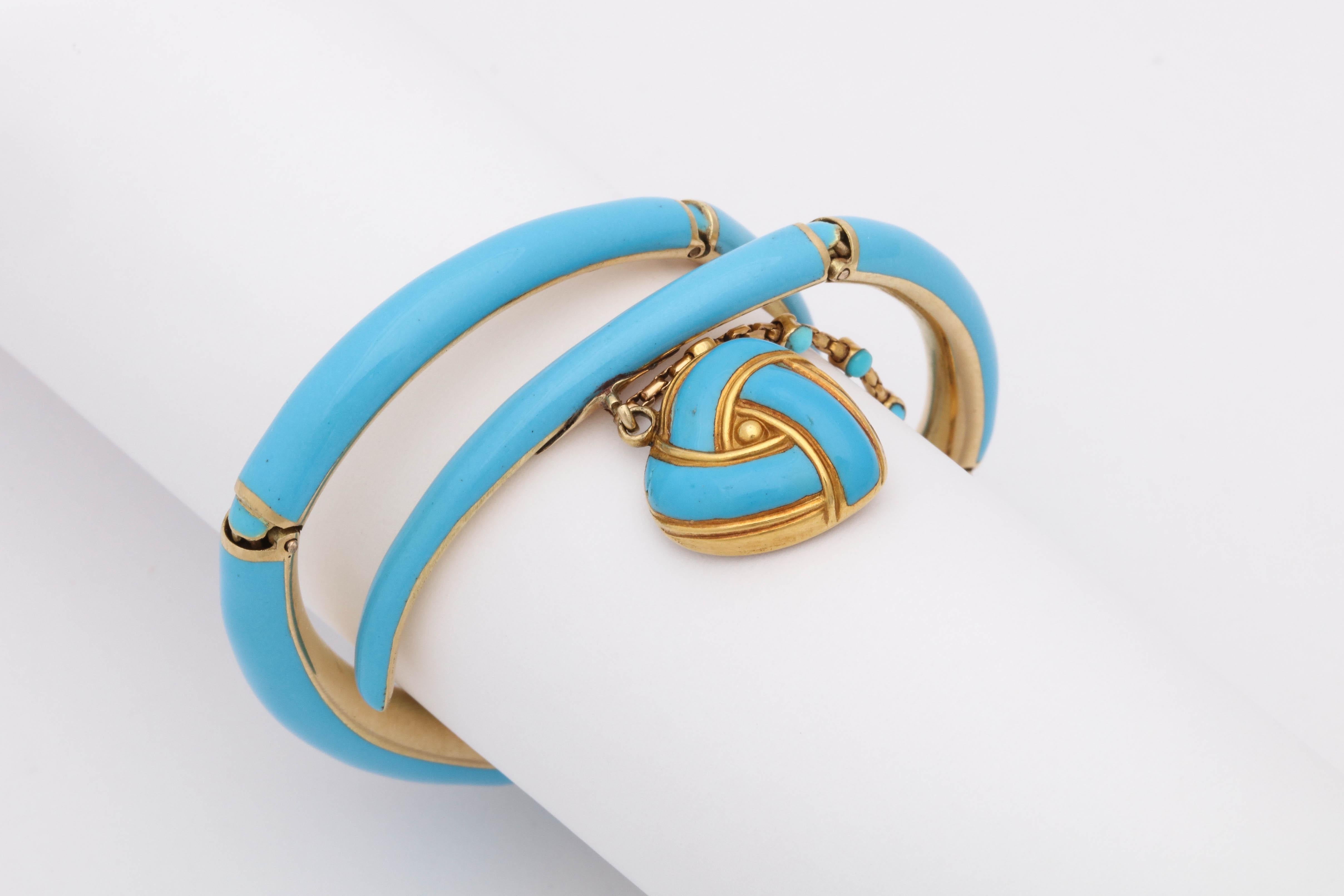 1890s Turquoise Enamel with Pearl and Turquoise Gold Wrap Around Bangle Bracelet 3