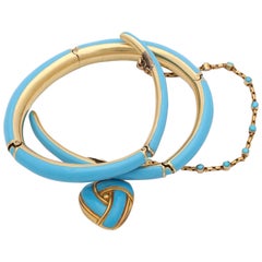 1890s Turquoise Enamel with Pearl and Turquoise Gold Wrap Around Bangle Bracelet
