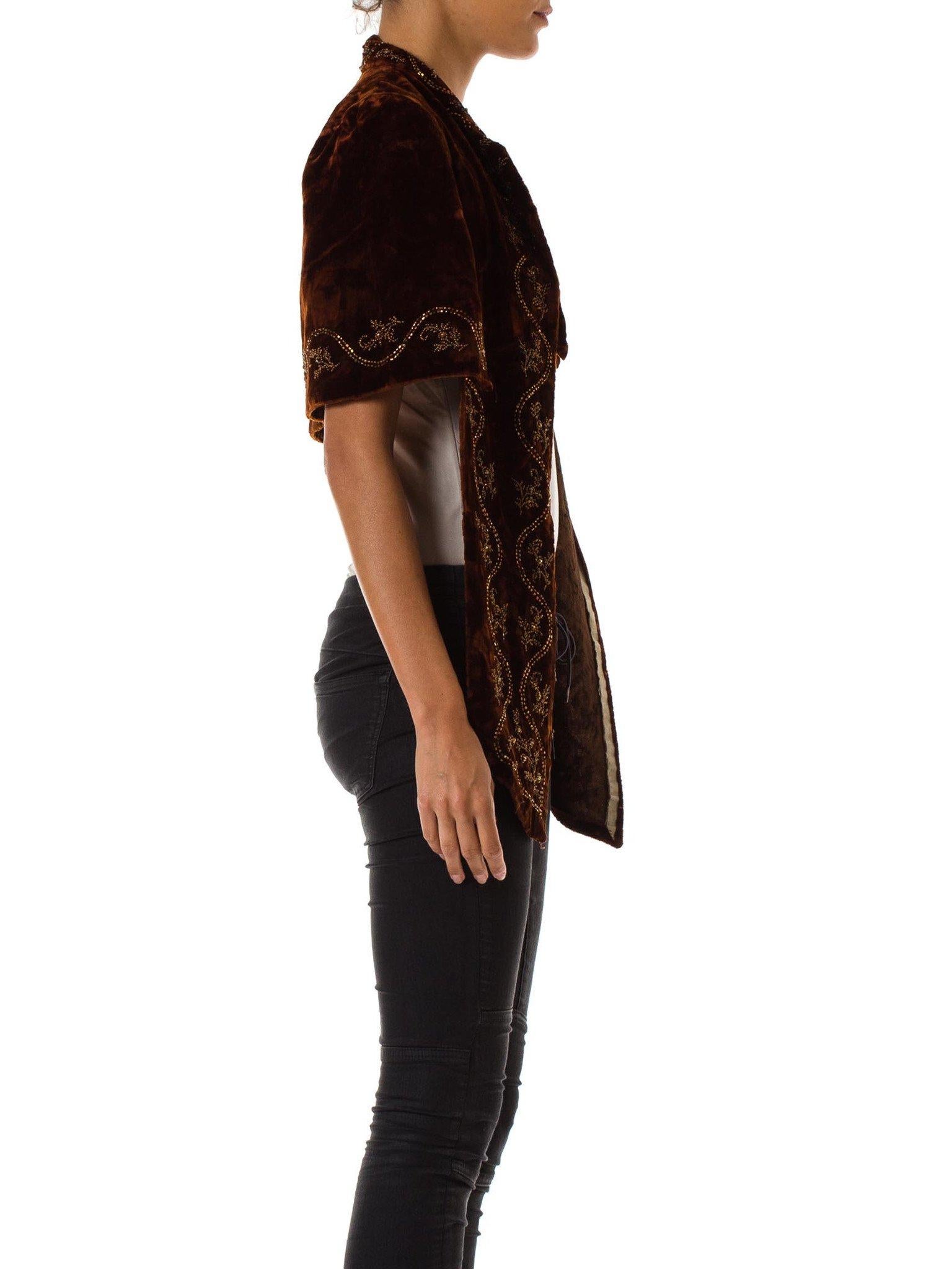 Black Victorian Cigar Brown Silk Velvet Hand Beaded 1880S Short Cape