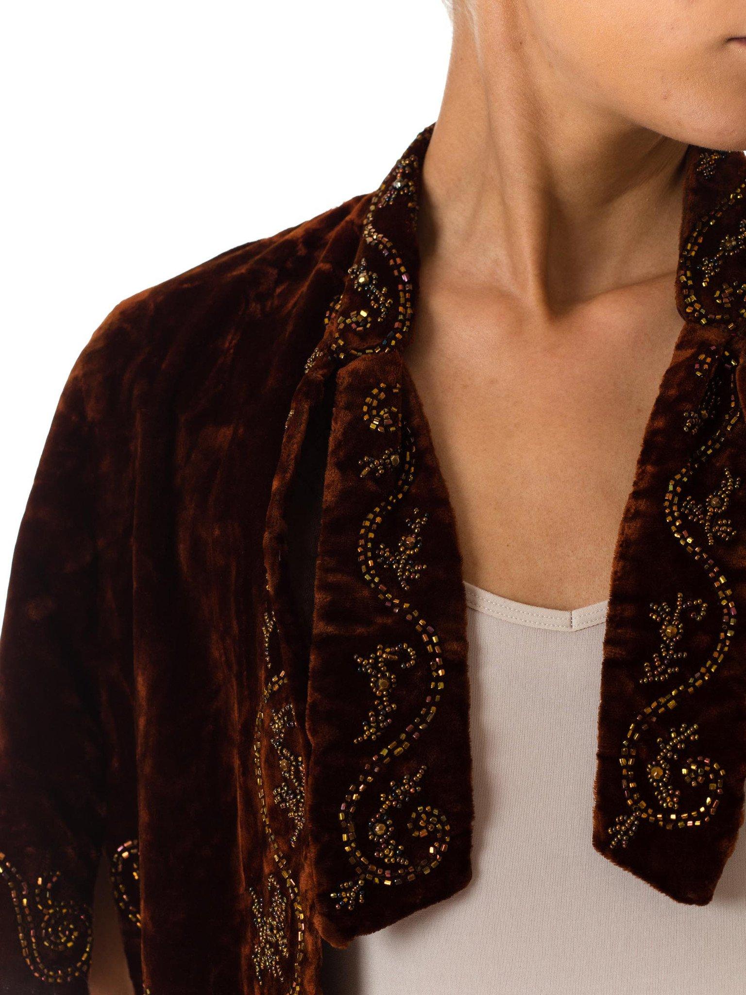 Women's Victorian Cigar Brown Silk Velvet Hand Beaded 1880S Short Cape