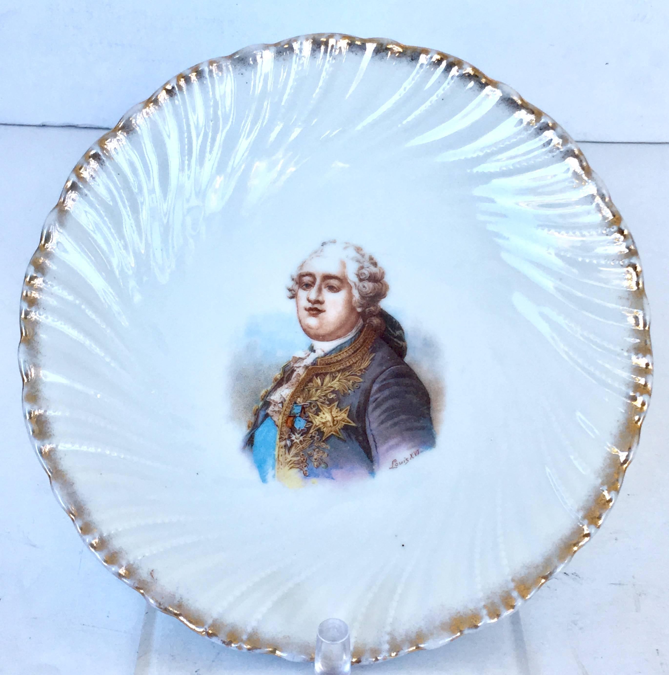 19th Century Victoria Carlsbad Austria set of six gilt porcelain hand-painted French Royalty Portrait plates. This rare and highly collected hand painted pattern features a bright white iridescent swirled ground with raised bead detail and brushed