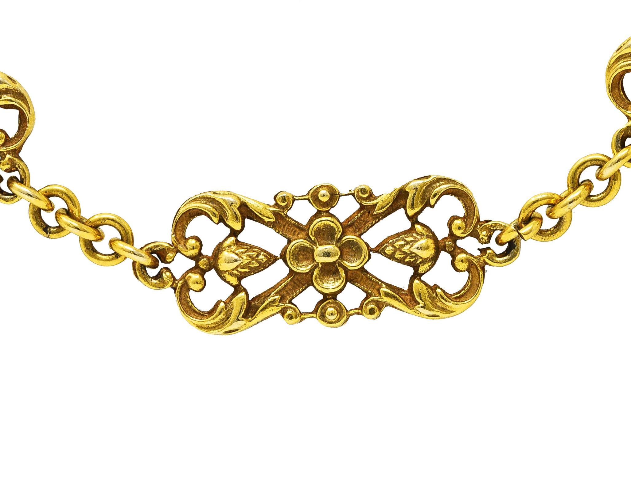 1890's Victorian 14 Karat Gold Floral Pinecone Antique Chain Necklace 2