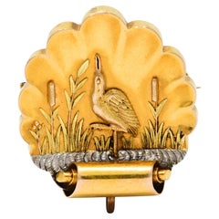 1890's Victorian 14 Karat Tri-Colored Gold Heron Watch Pin Brooch