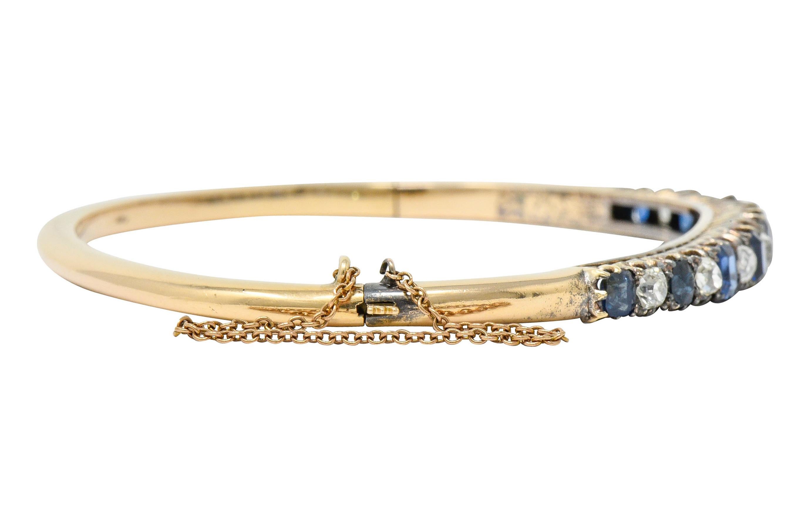 1890's Victorian 3.14 Carats Sapphire Diamond 14 Karat Gold Bangle Bracelet In Excellent Condition In Philadelphia, PA