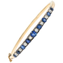 1890's Victorian 3.14 Carats Sapphire Diamond 14 Karat Gold Bangle Bracelet