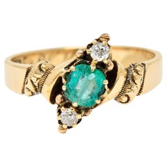 1890's Victorian Allsopp Bros. Emerald Diamond 14 Karat Gold Three Stone Ring