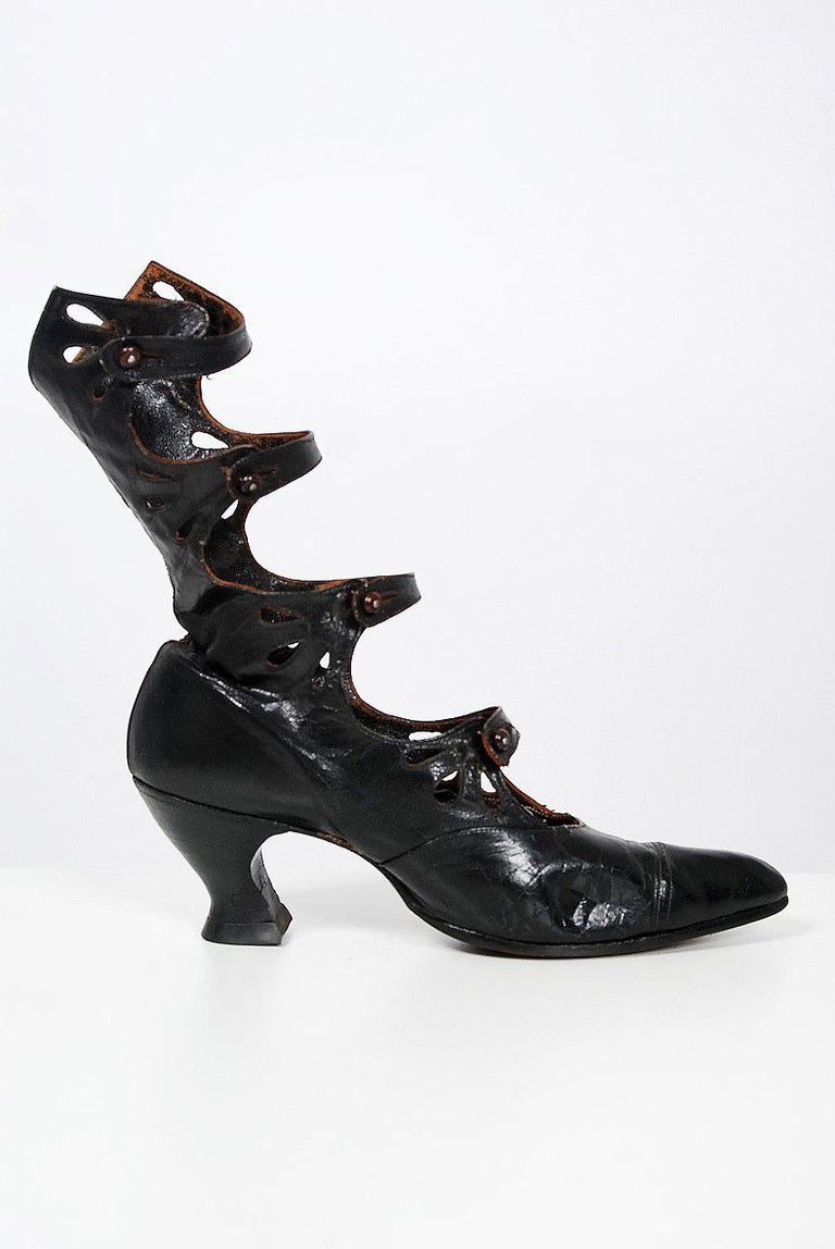 1890's Victorian Antique Couture Cut-Out Black Leather High Top Shoe ...
