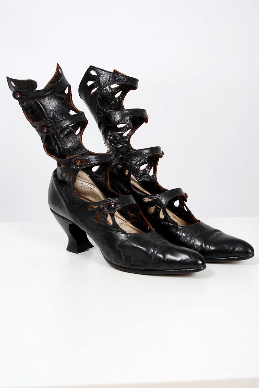 1890's Victorian Antique Couture Cut-Out Black Leather High Top Shoe Boots 2