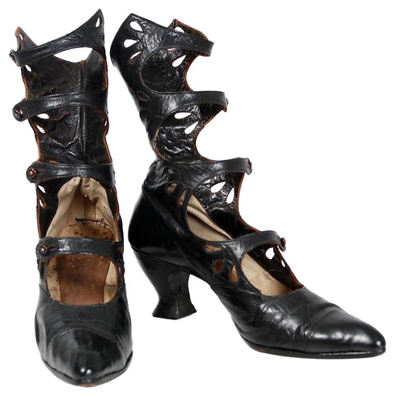 1890's Victorian Antique Couture Cut-Out Black Leather High Top Shoe Boots