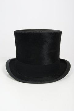 1890's Victorian Antique Dunn & Co Designer Black Silk Plush Steampunk Top Hat