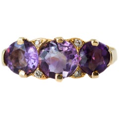 1890s Victorian Antique Three-Stone Amethyst, Diamond and 18 Karat Gold Ring