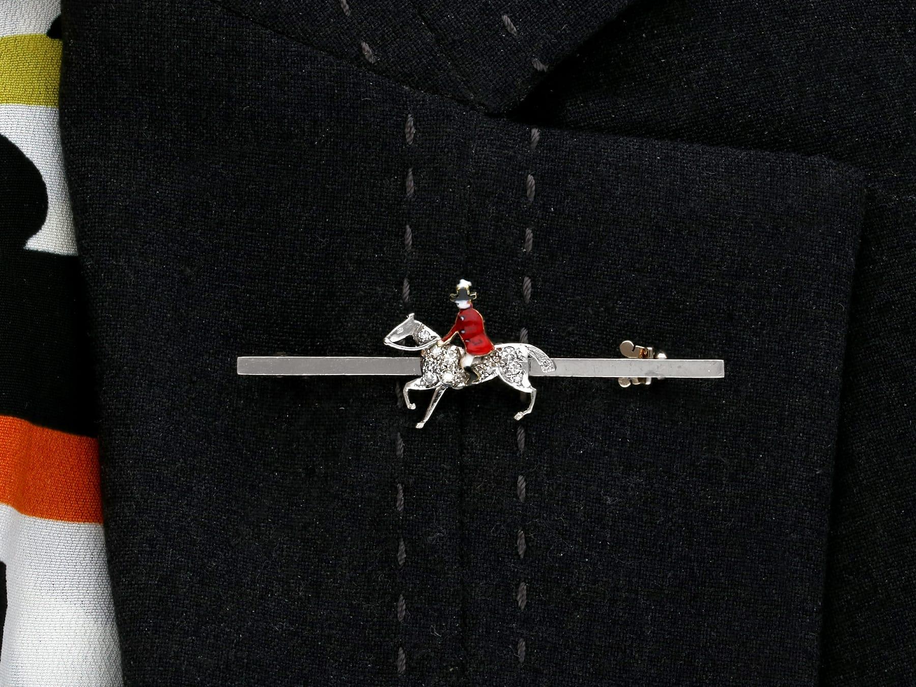 1890s Victorian Diamond and Enamel, Platinum and White Gold Hunting Bar Brooch For Sale 6