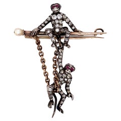 1890s Victorian Diamond and Ruby Twin Monkeys Brooch in Platinum and Gold
