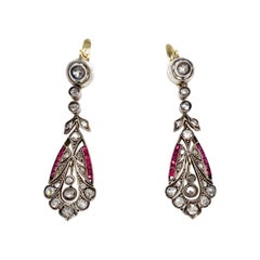 1890s Victorian Diamond Ruby Gold and Silver Drop Earrings