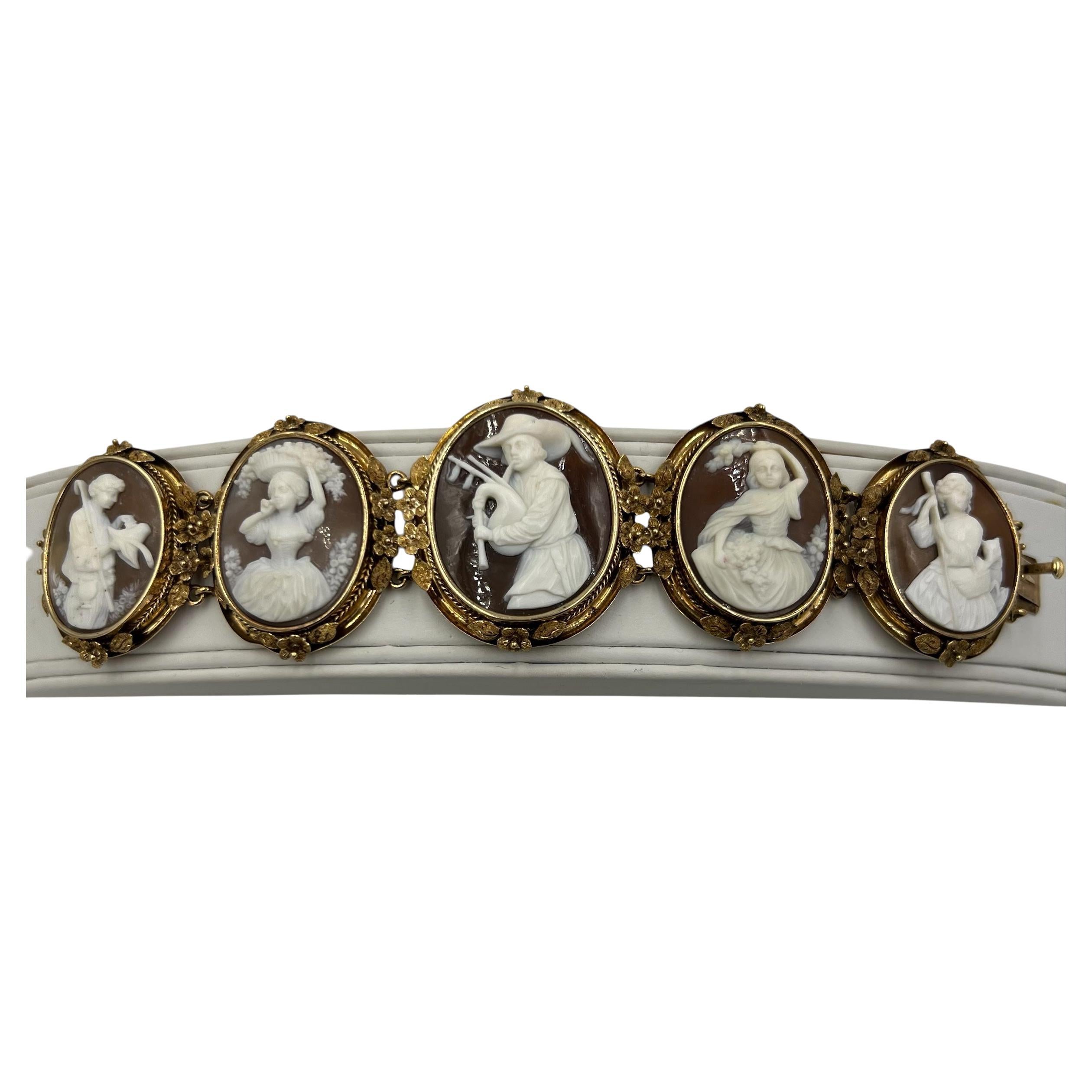 1890s Victorian Five Sardonyx Shell Cameo Gold Bracelet