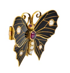 1890's Victorian Garnet Pearl Ruby Enamel 18 Karat Gold Butterfly Watch Brooch