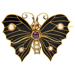 1890's Victorian Garnet Pearl Ruby Enamel 18 Karat Gold Butterfly Watch Brooch