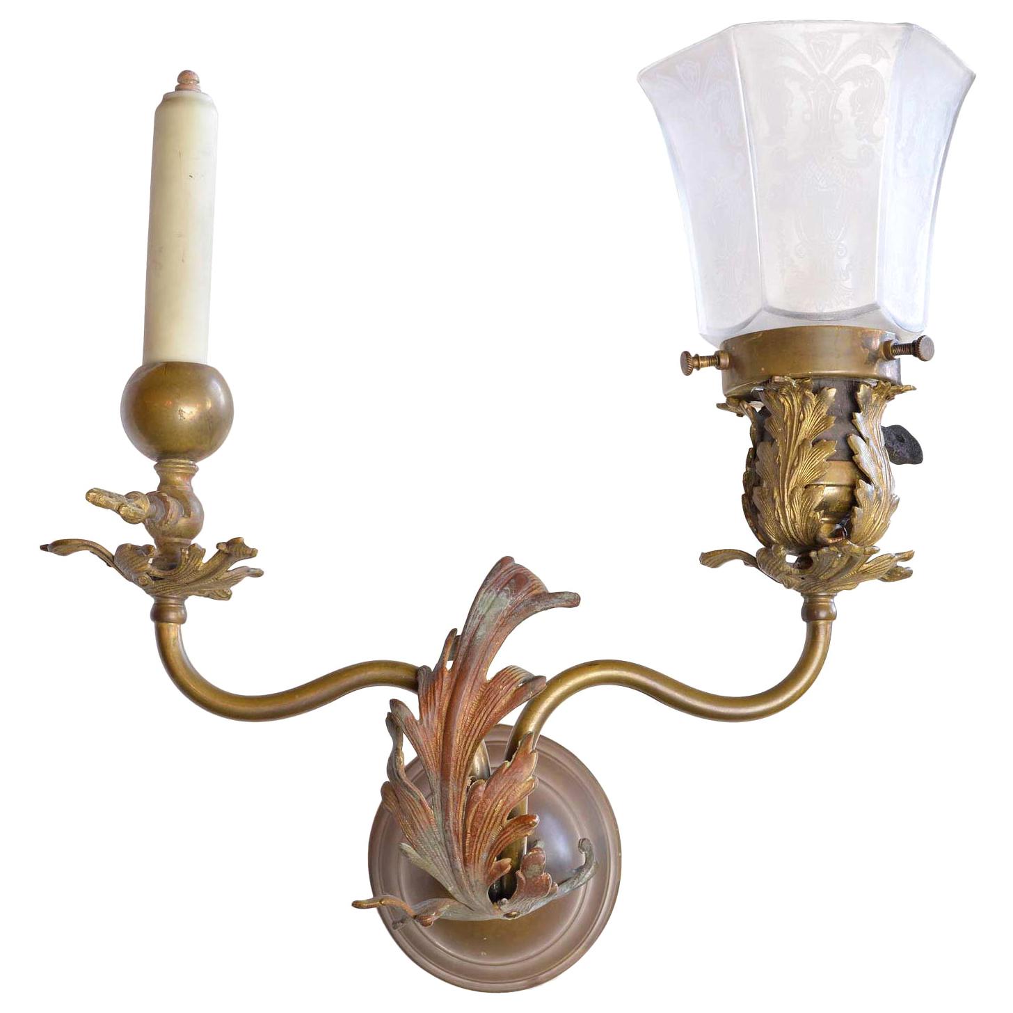 1890s Victorian Gas Electric Brass Sconce For Sale
