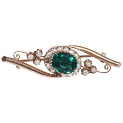 1890s Victorian Green Tourmaline Pearl Gold Brooch